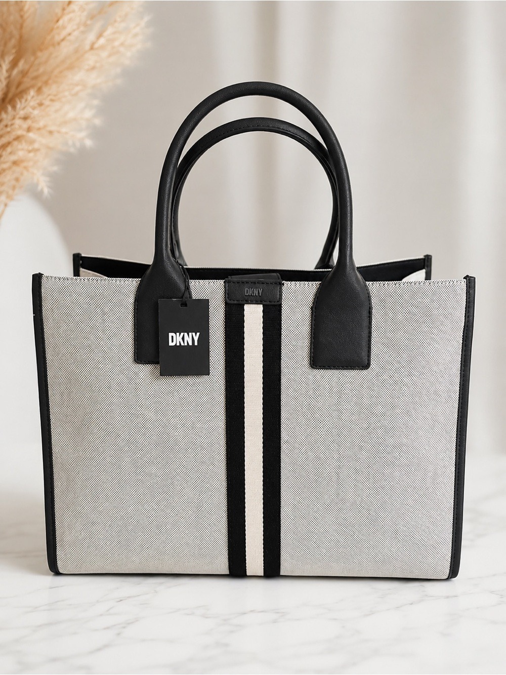DKNY Black and Cream Canvas Stripe Tote - Picture 1 of 9